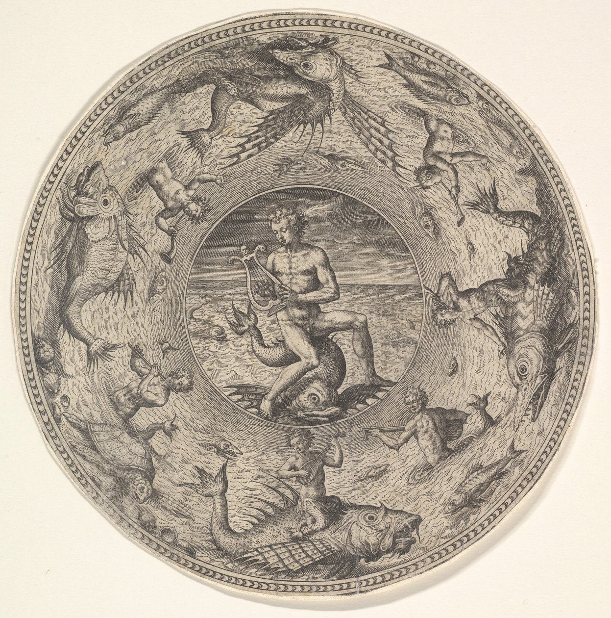 Arion på en delfin omgivet af en grænse dekoreret med havdyr, fra et sæt af..., 1580-1600. af Adriaen Collaert