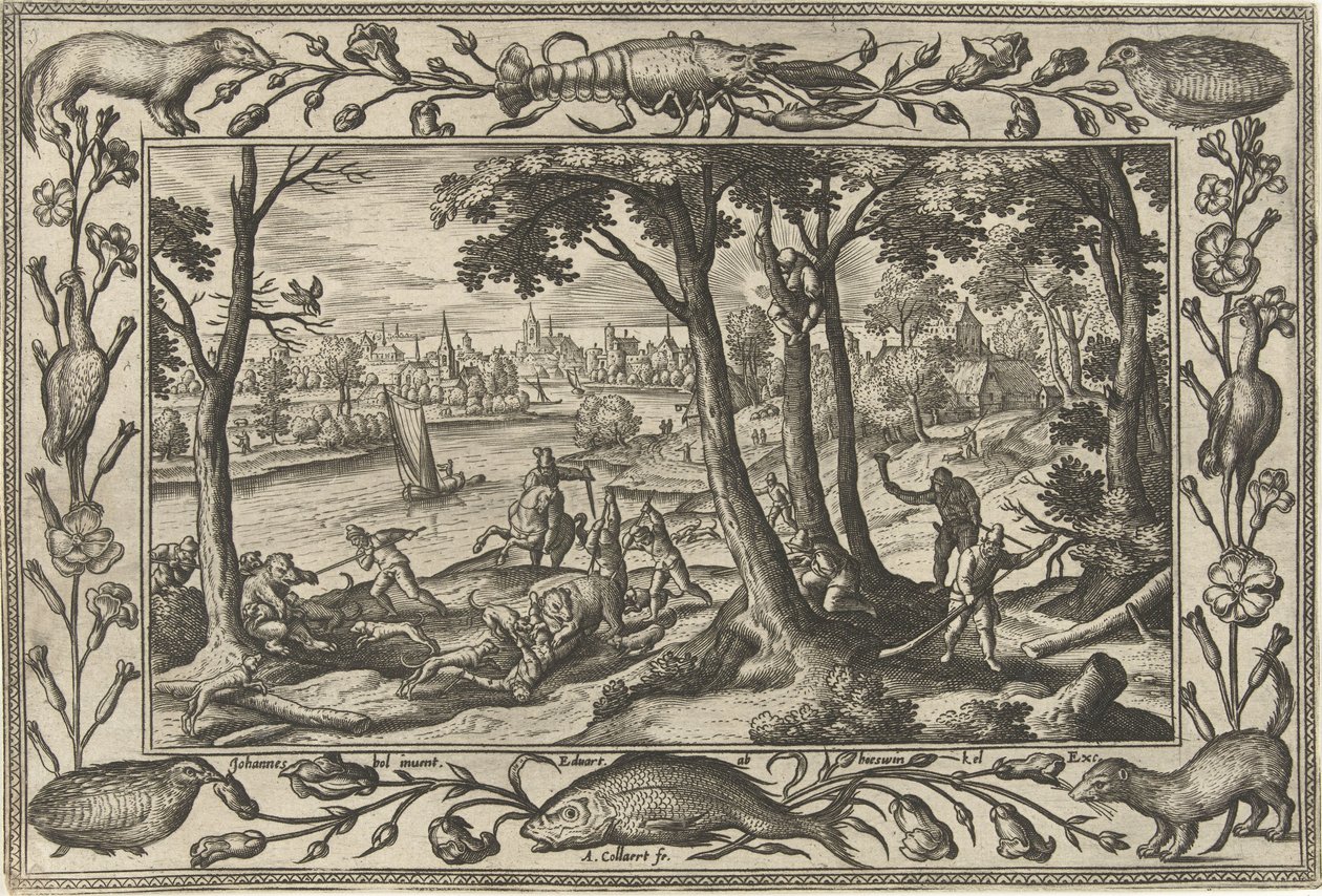 bjørnejagt Landskaber med bibelske, mytologiske scener og jagtscener (serietitel) af Adriaen Collaert