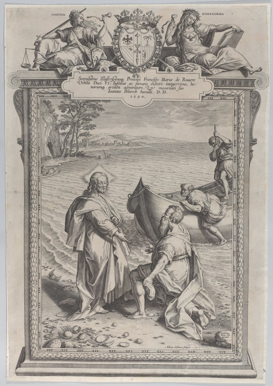Kristus kalder Sankt Andreas, som knæler foran ham på en strand, og Sankt Peter, der klatrer..., 1590. af Adriaen Collaert