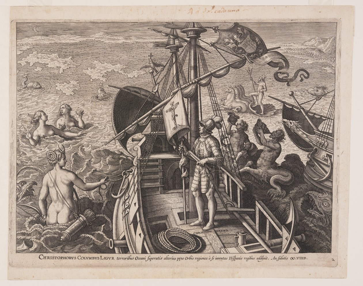 Christoffer Columbus på sit skib, fra Americae Retectio (Opdagelsen af Amerika) af Adriaen Collaert