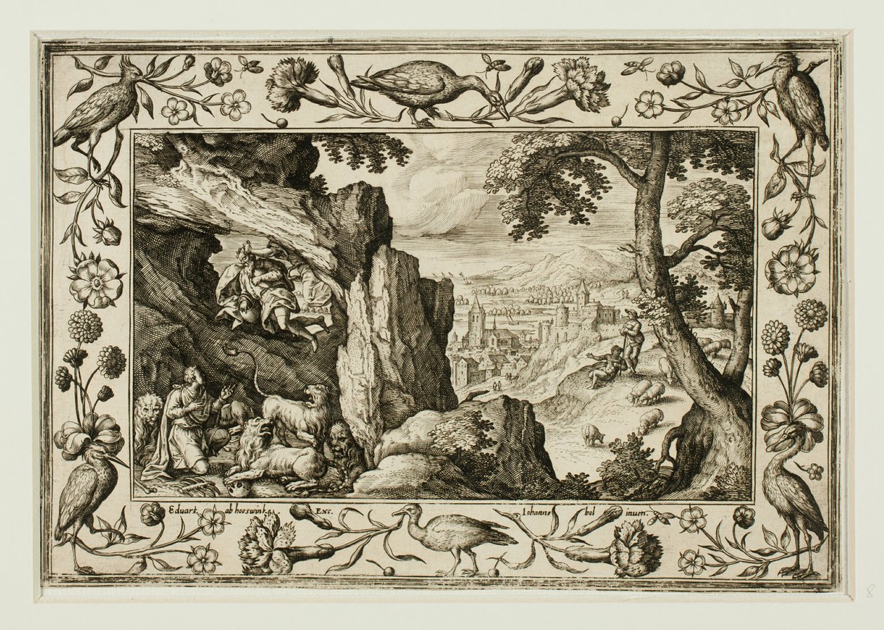 Daniel i løvens hule, fra Landskaber med scener fra Det Gamle og Det Nye Testamente og Jagtscener af Adriaen Collaert
