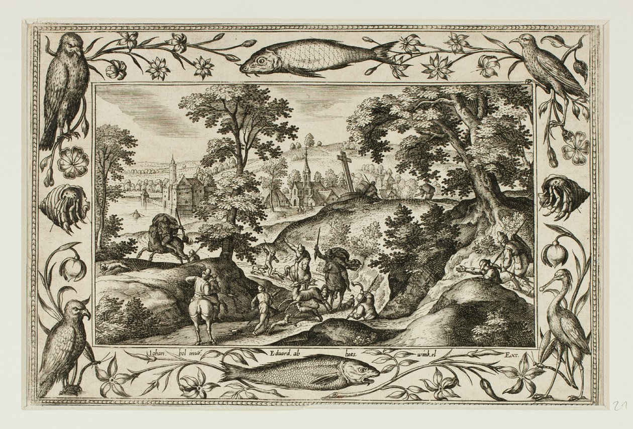 Hjortejagt, fra Landskaber med scener fra Det Gamle og Det Nye Testamente og Jagtscener af Adriaen Collaert
