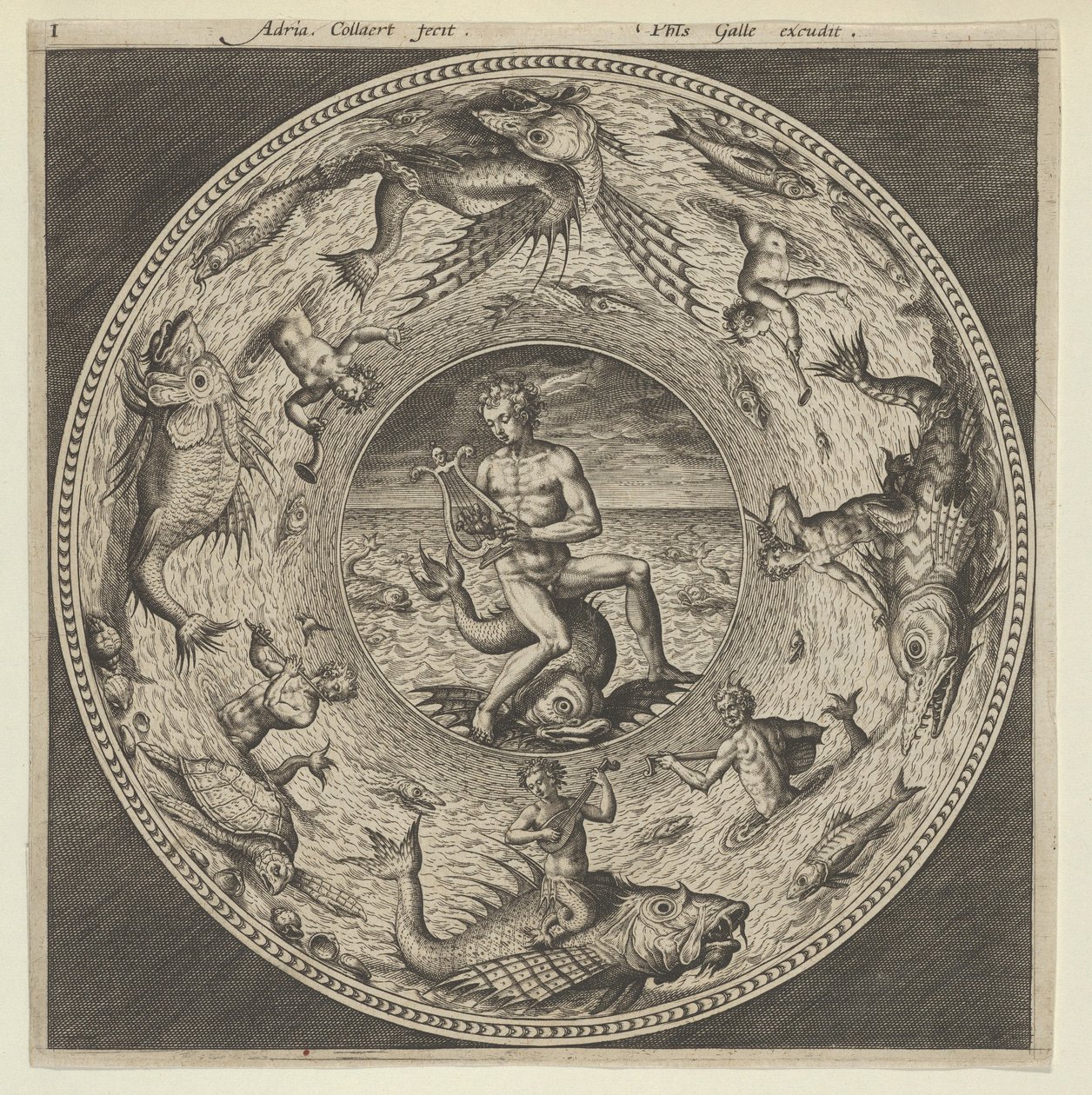 Design til en tallerken med Arion, der rider på en delfin i en medaljon omkranset af havmonstre..., c1600. af Adriaen Collaert