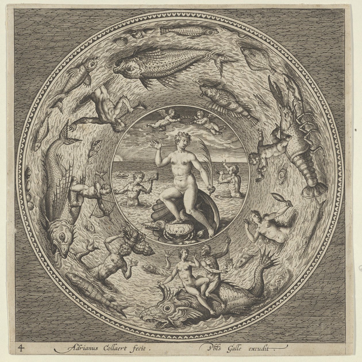 Design til en tallerken med Galatea på en skal flankeret af trompetister i en medaljonkant..., c1600. af Adriaen Collaert