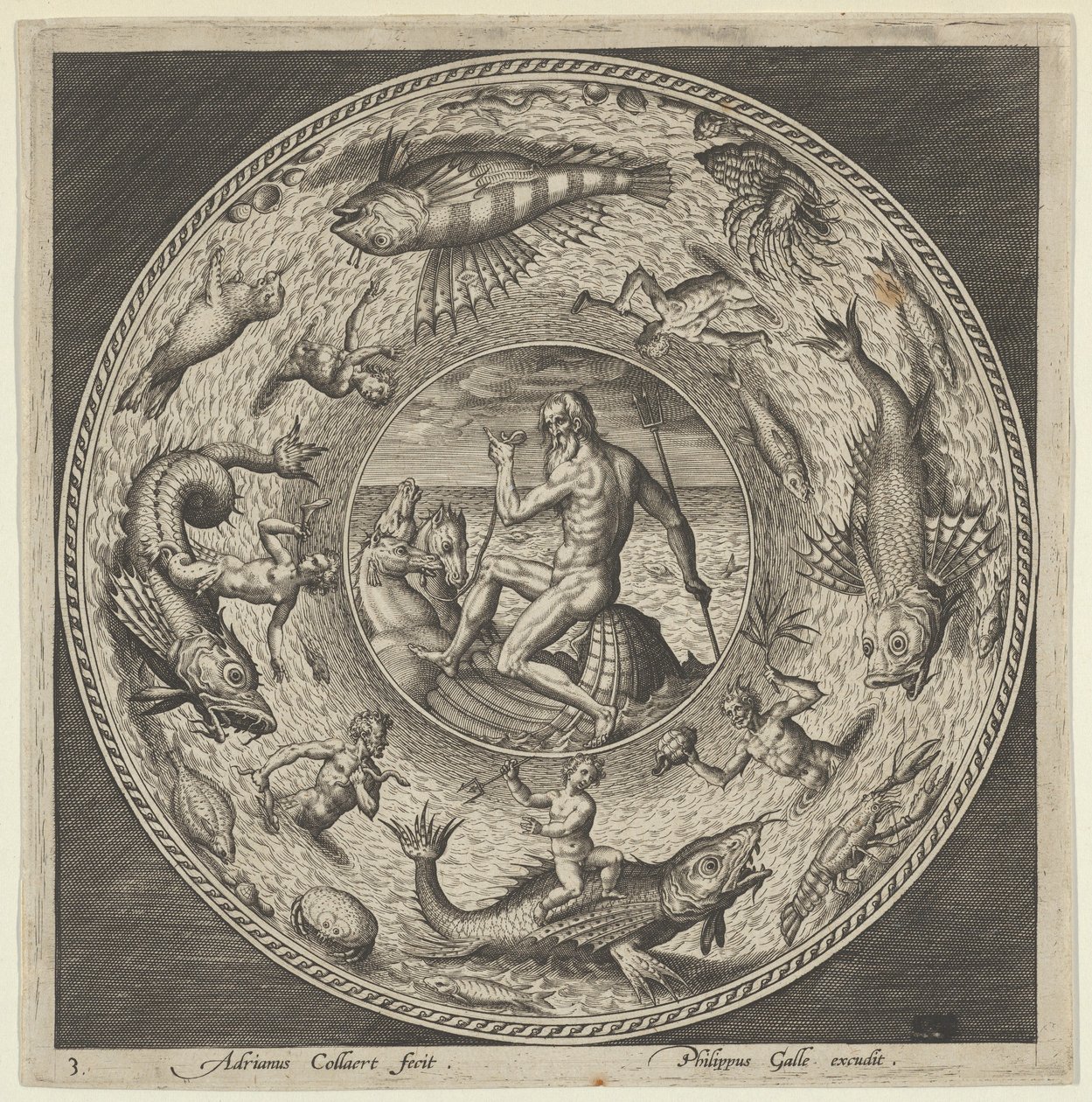 Design til en tallerken med Neptun i en skal tegnet af heste i en medaljon omkranset af ..., c1600. af Adriaen Collaert