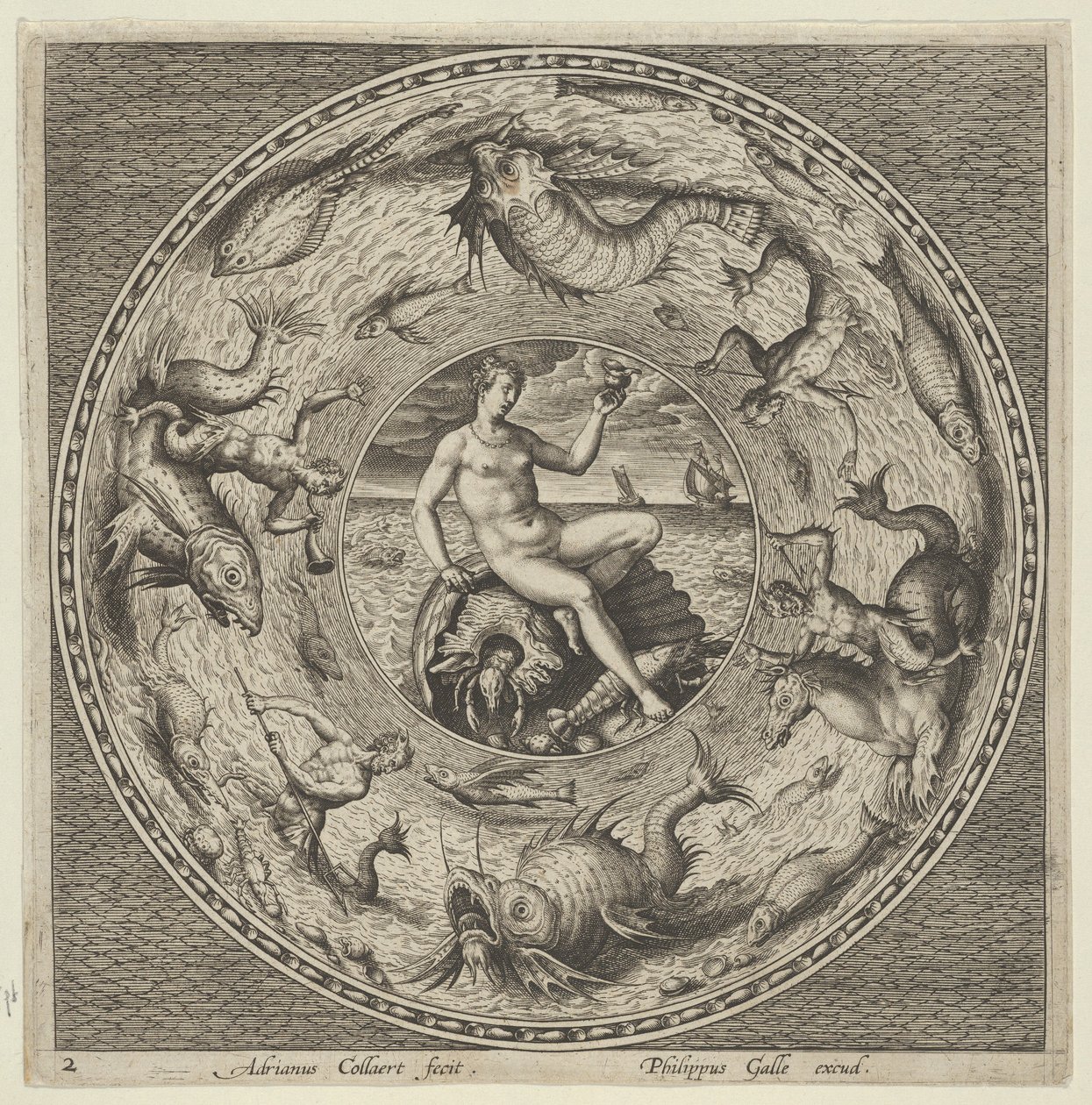 Design til en tallerken med Thetis på en skal i en medaljon omkranset af havmonstre, c1600. af Adriaen Collaert