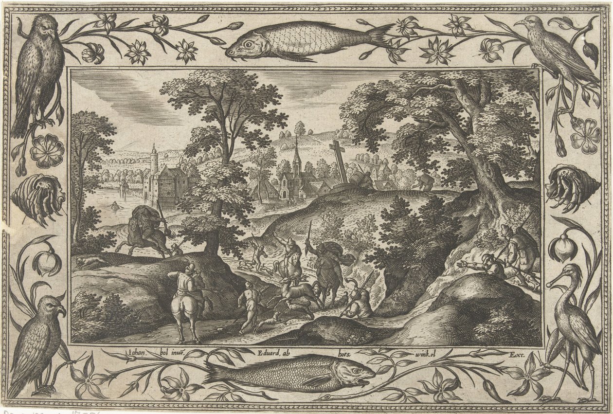 hjortejagt Landskaber med bibelske, mytologiske scener og jagtscener (serietitel) af Adriaen Collaert