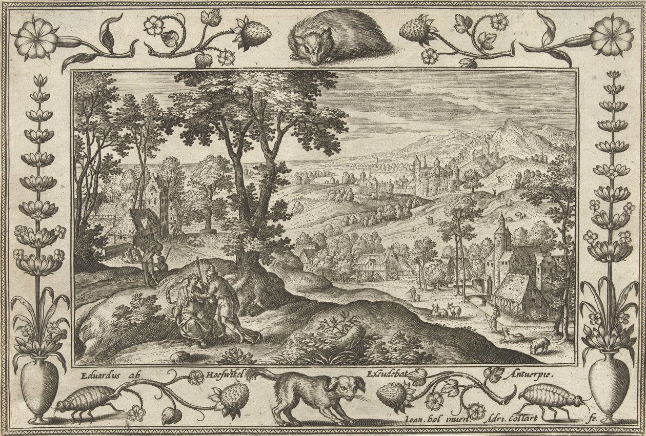 Juda og Tamar Landskaber med bibelske, mytologiske scener og jagtscener (serietitel) af Adriaen Collaert