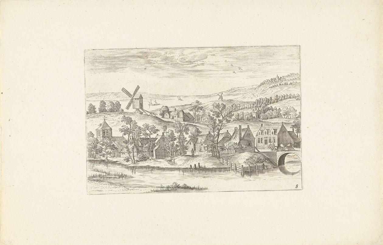Landskab med en flod og en vindmølle Landskaber omkring Antwerpen (serietitel) af Adriaen Collaert