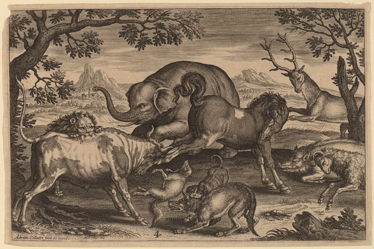 Løve, tyr, ræv, ulv, hund, boer, ged, hest, elefant og hjorte af Adriaen Collaert