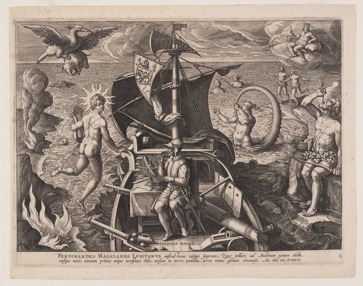 Magellan siddende på dækket, fra Americae Retectio af Adriaen Collaert