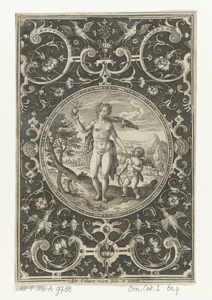 Medaljon med Venus og Amor i en grotesk ramme med blomster, guirlander, dyr og mascarons Medaljoner med figurer fra Judgment of Paris (serietitel) af Adriaen Collaert
