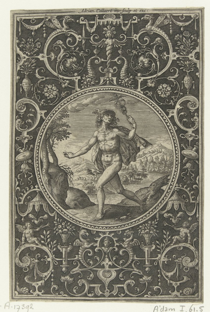 Medaljon hvori Mercury med sin stav i hånden Medaljoner med figurer fra Judgment of Paris (serietitel) af Adriaen Collaert