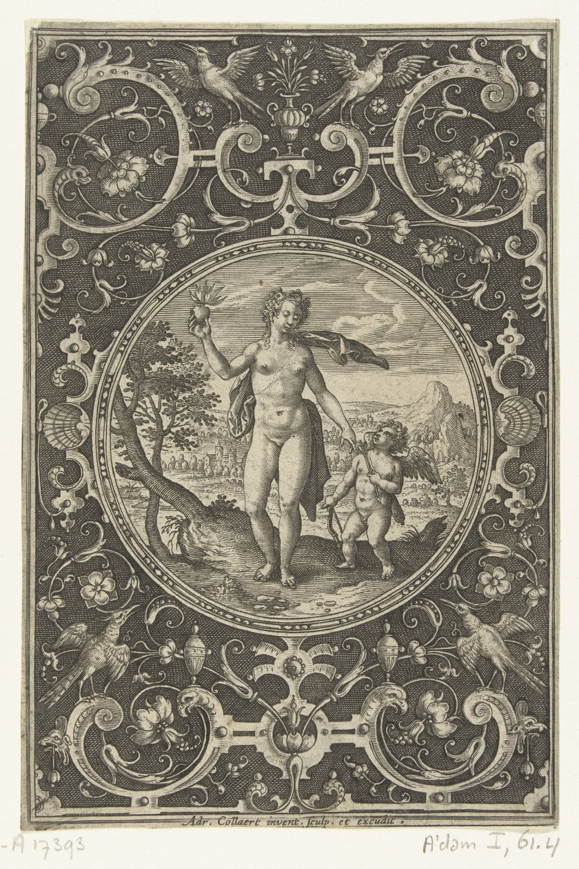 Medaljon hvori Venus med Paris-æblet i hånden og Amor ved sin side Medaljoner med figurer fra Judgment of Paris (serietitel) af Adriaen Collaert