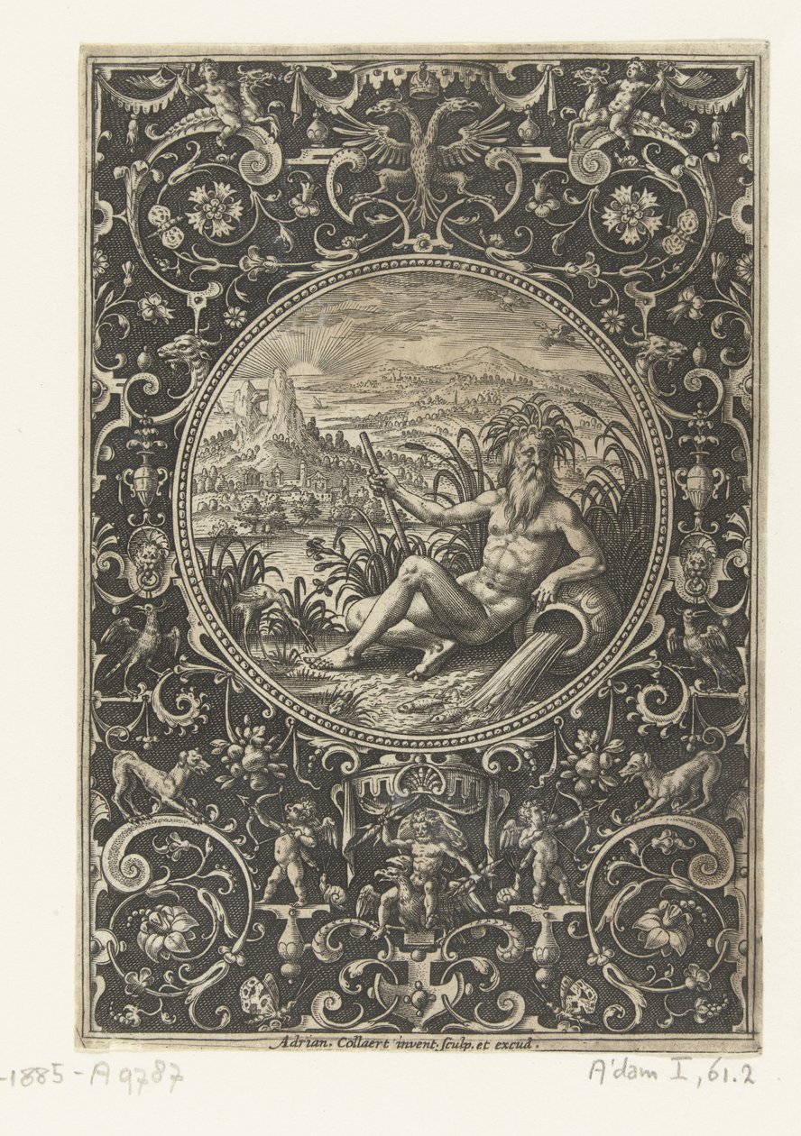 Medaljon, hvori en flodgud Medaljoner med figurer fra Judgment of Paris (serietitel) af Adriaen Collaert