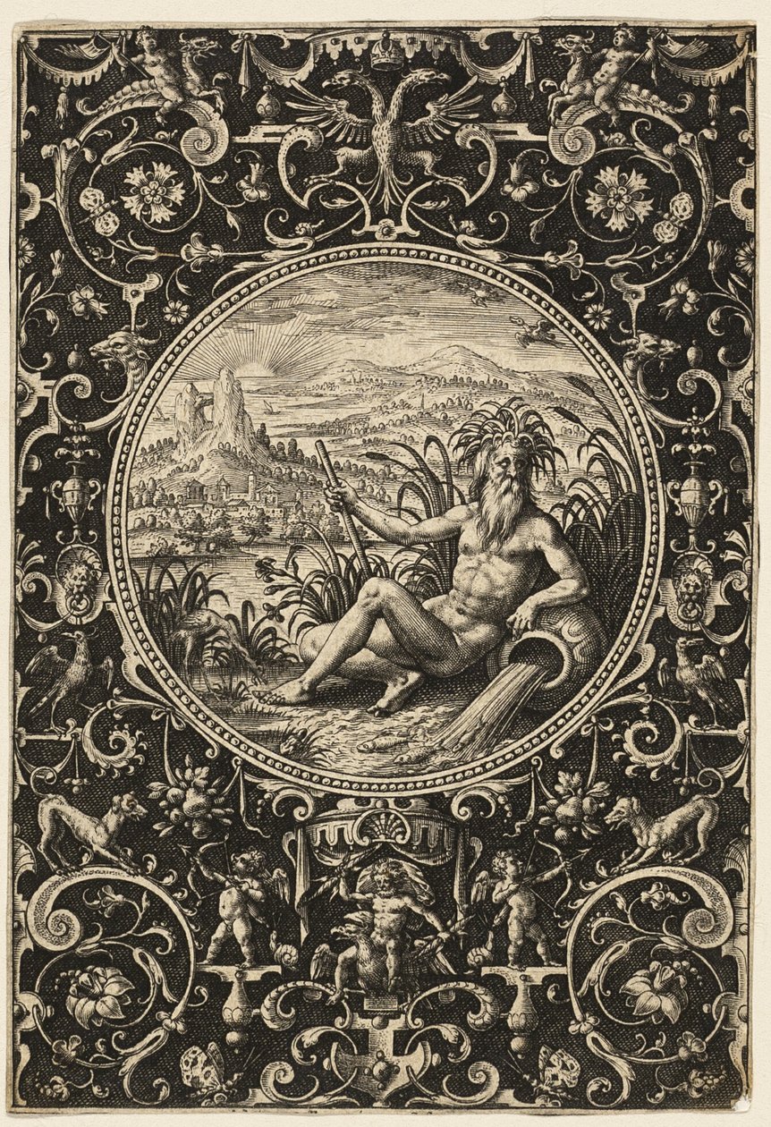 Neptun som flodgud, planche to fra The Judgment of Paris af Adriaen Collaert