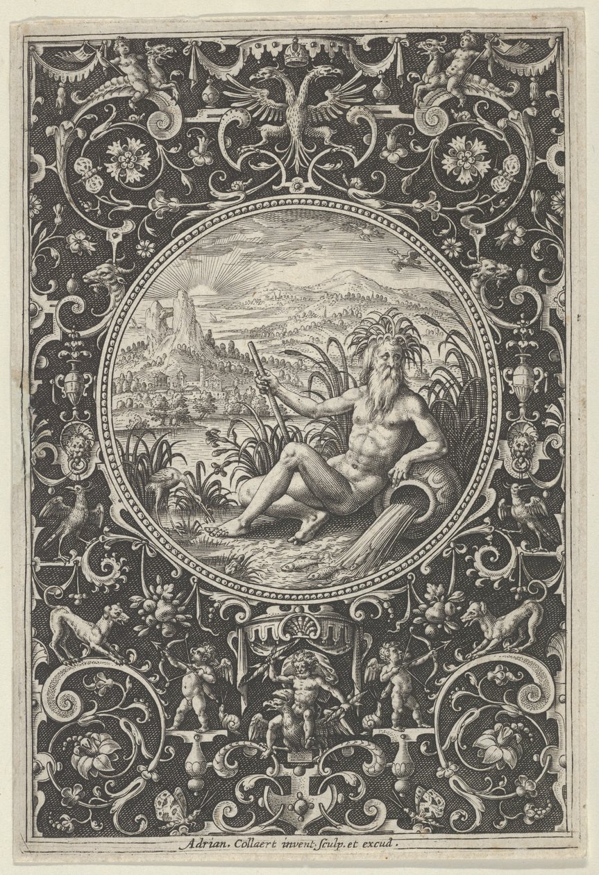 Neptun i en dekorativ ramme med grotesker, fra dommen i Paris, c1580-1600. af Adriaen Collaert