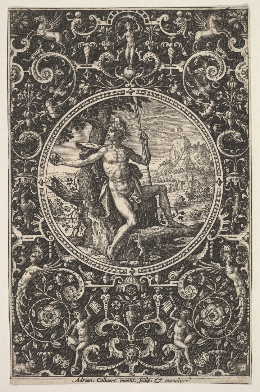 Paris i en dekorativ ramme med grotesker, ca. 1580-1600. af Adriaen Collaert