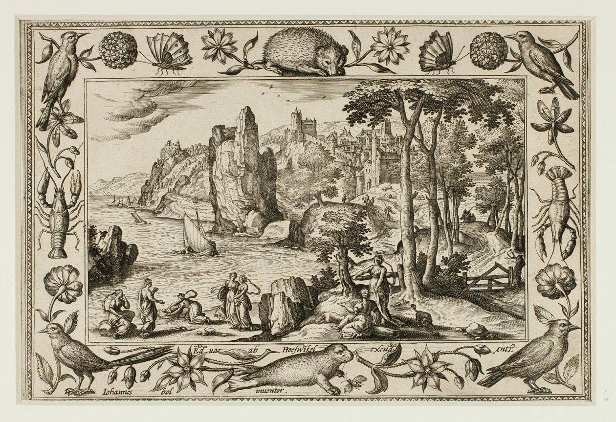 Faraos datter finder Moses, fra Landskaber med scener fra Det Gamle og Det Nye Testamente og Jagtscener af Adriaen Collaert