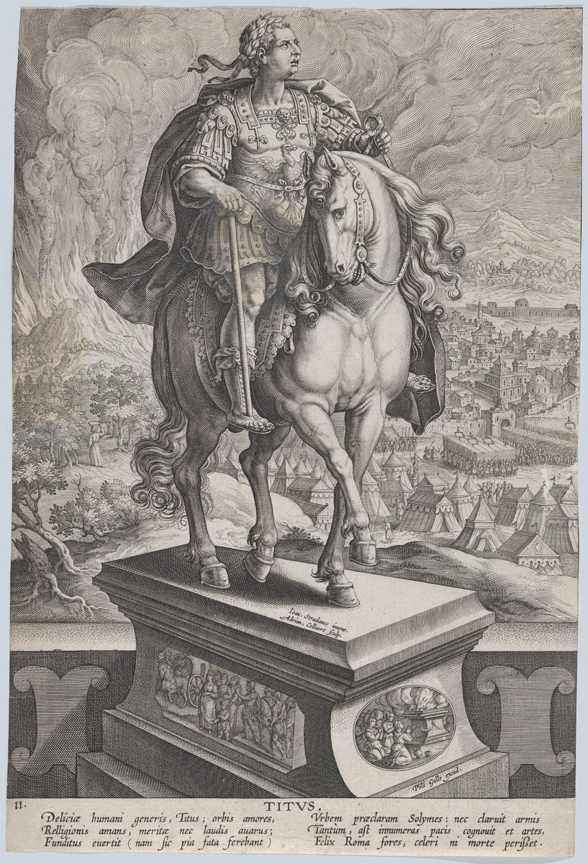Tavle 11: rytterstatue af Titus, set tre fjerdedele til højre, Vesuv-bjerget..., ca. 1587-89. af Adriaen Collaert