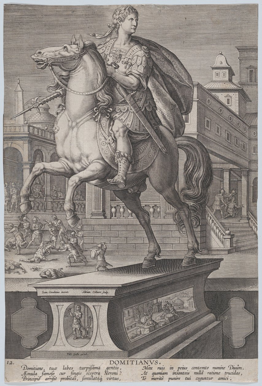 Plade 12: rytterstatue af Domitian, set tre fjerdedele til venstre, med hans ..., ca. 1587-89. af Adriaen Collaert