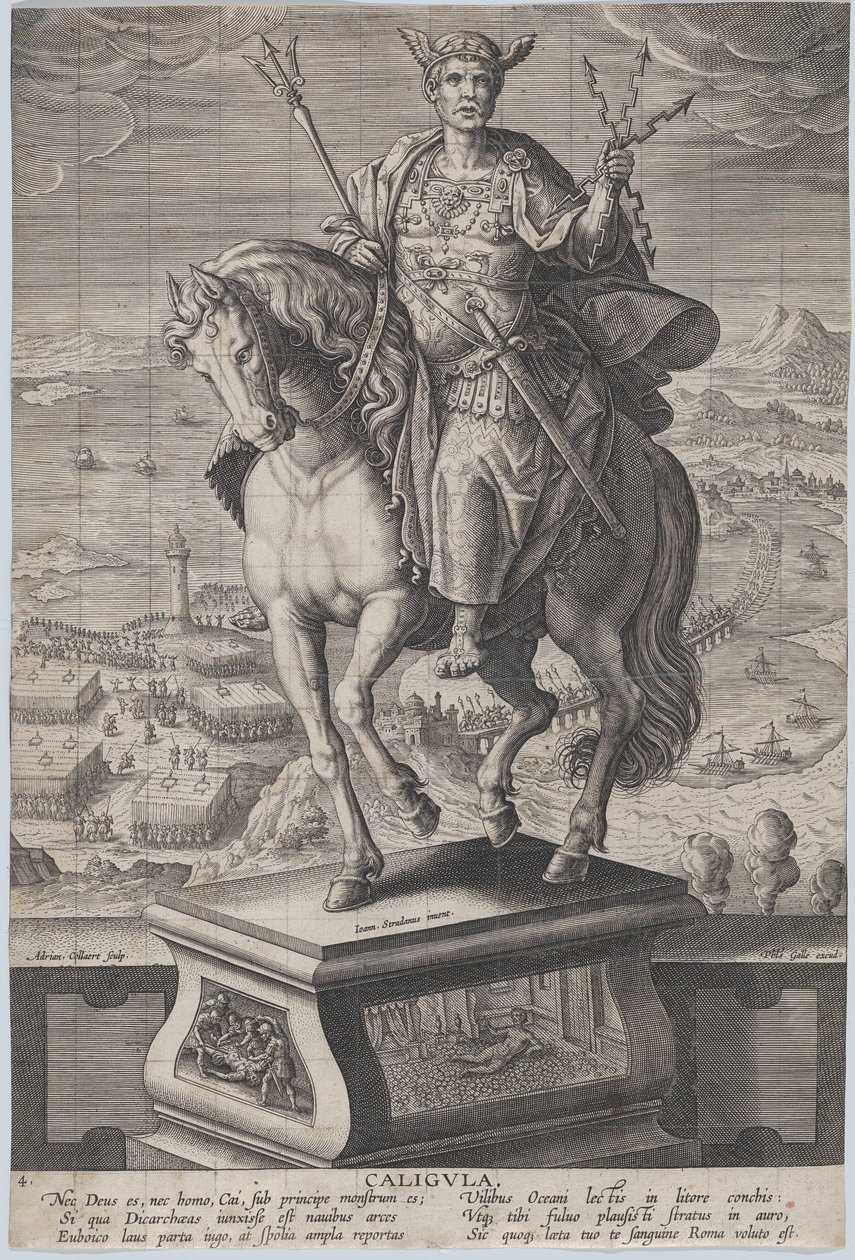 Plade 4: rytterstatue af Caligula, set tre fjerdedele til venstre, iført en ..., ca. 1587-89. af Adriaen Collaert
