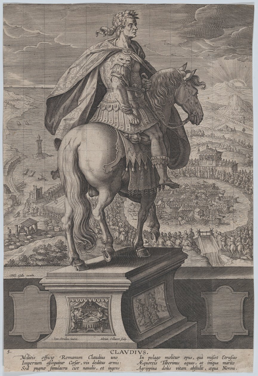 Plade 5: rytterstatue af Claudius, set bagfra, en flådekonkurrence ved ri..., ca. 1587-89. af Adriaen Collaert