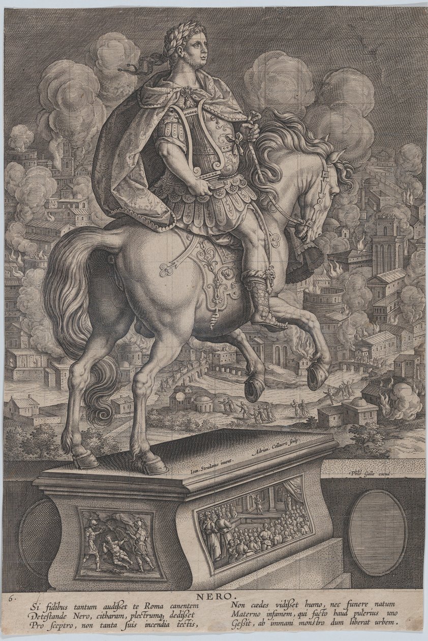 Plade 6: rytterstatue af Nero, set bagfra, Roms store brand i..., ca. 1587-89. af Adriaen Collaert