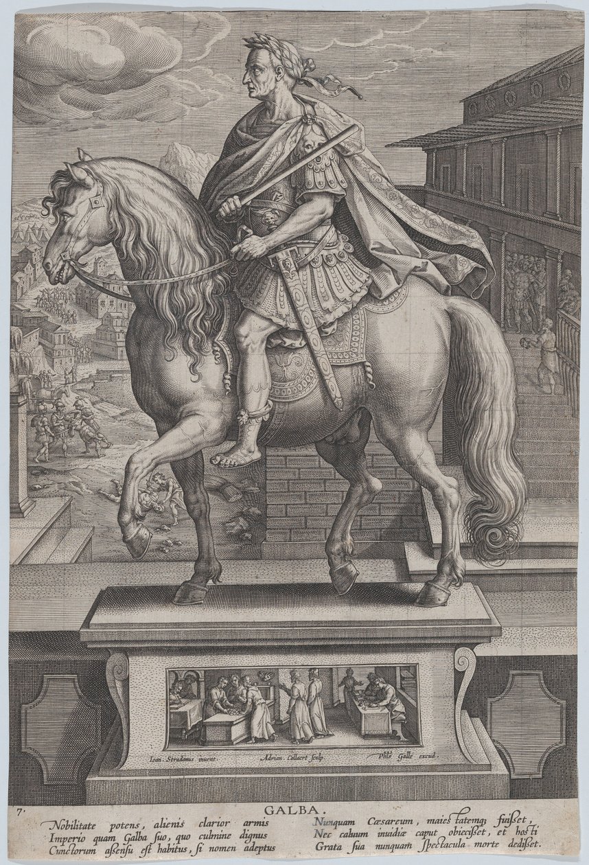 Plade 7: rytterstatue af Galba, i profil til venstre, med en halshugningsscene..., ca. 1587-89. af Adriaen Collaert