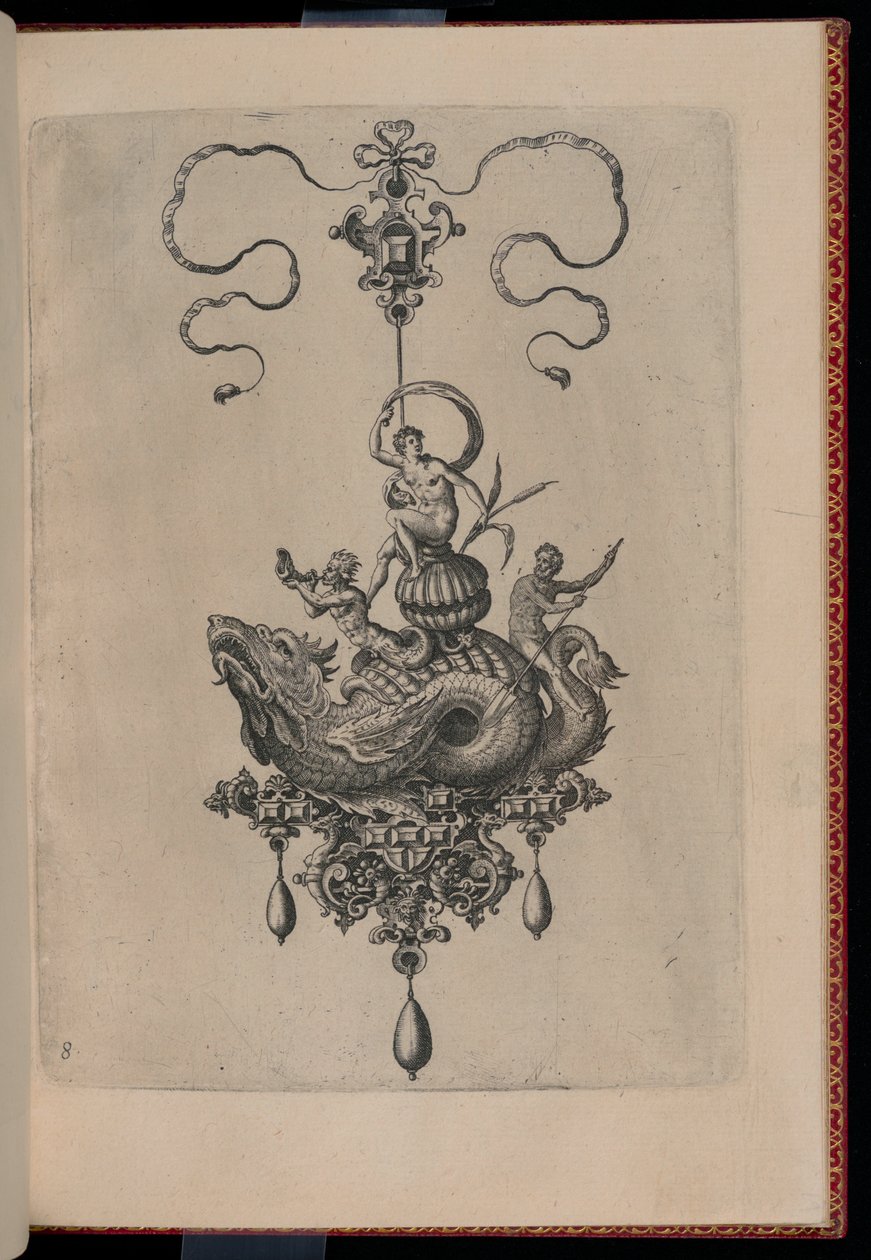 Plade 8, fra Bullarum Inaurium, vedhæng, øreringe osv. Design af den dygtigste natur, del to af Adriaen Collaert