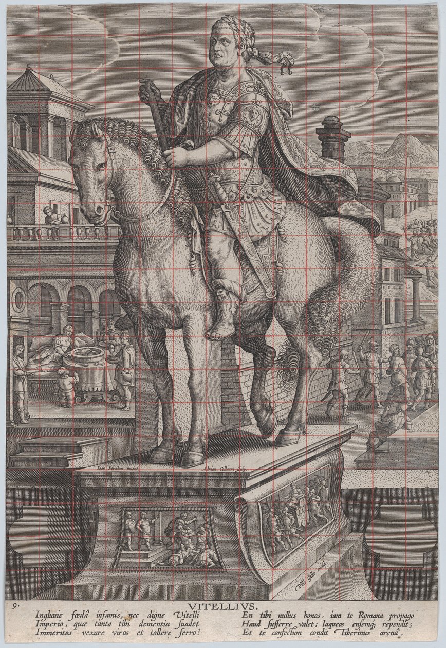 Plade 9: rytterstatue af Vitellius, set tre fjerdedele til venstre, med hans ..., ca. 1587-89. af Adriaen Collaert