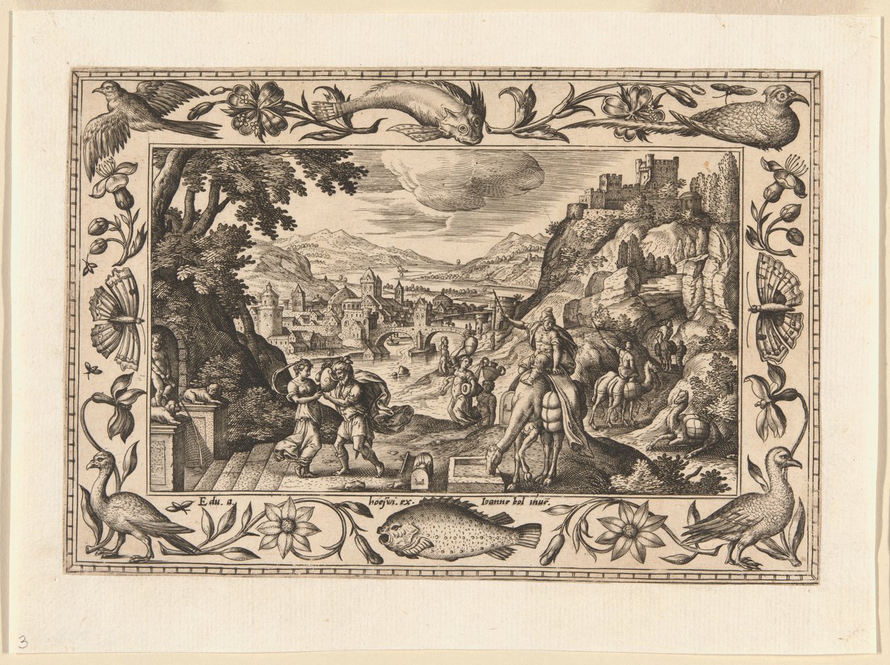 Rebecca og Eliezer ved brønden, fra Landskaber med scener fra Det Gamle og Det Nye Testamente og Jagtscener af Adriaen Collaert