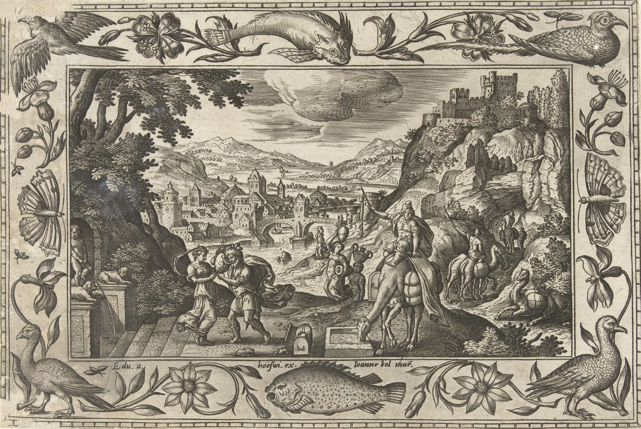 Rebekka og Eliezer ved brønden Landskaber med bibelske, mytologiske scener og jagtscener (serietitel) af Adriaen Collaert