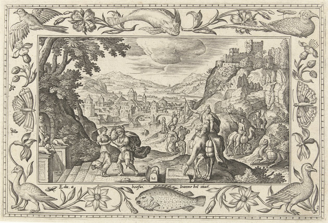 Rebekka og Eliezer ved brønden Landskaber med bibelske, mytologiske scener og jagtscener (serietitel) af Adriaen Collaert