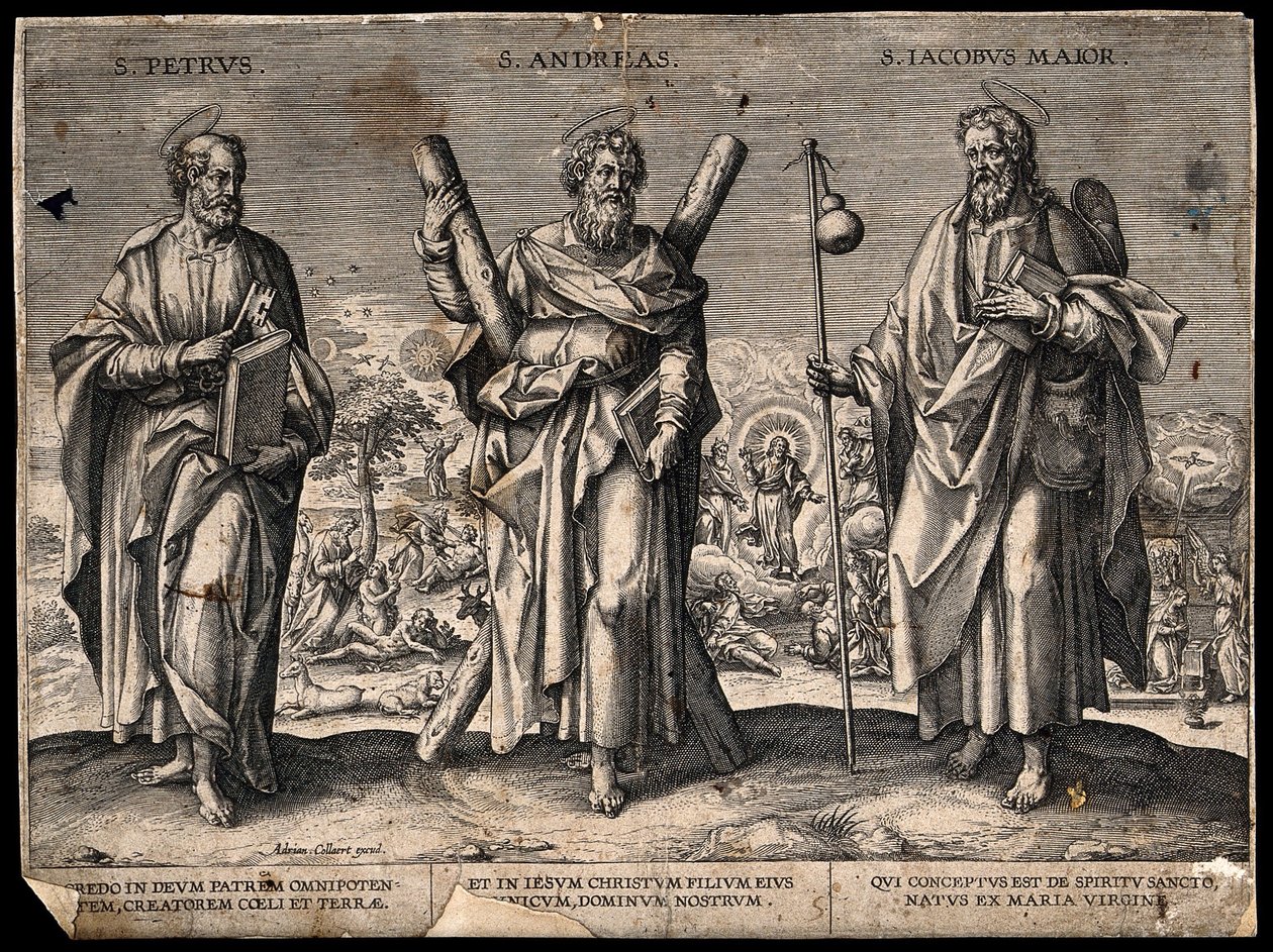 Sankt Peter apostlen, Sankt Andreas apostlen og Sankt Jakob den Ældre. Gravure. af Adriaen Collaert