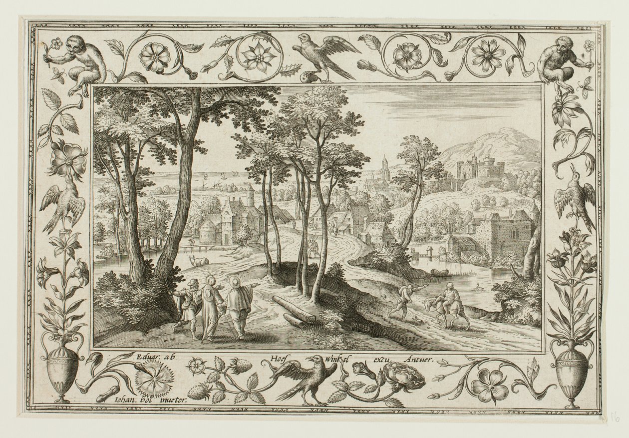 Rejsen til Emmaus, fra Landskaber med scener fra Det Gamle og Det Nye Testamente og Jagtscener af Adriaen Collaert
