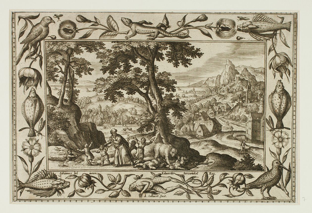 De spottende børn, der blev forbandet af Elias og spist af hunbjørnen, fra Landskaber med scener fra Det Gamle og Det Nye Testamente og Jagtscener af Adriaen Collaert