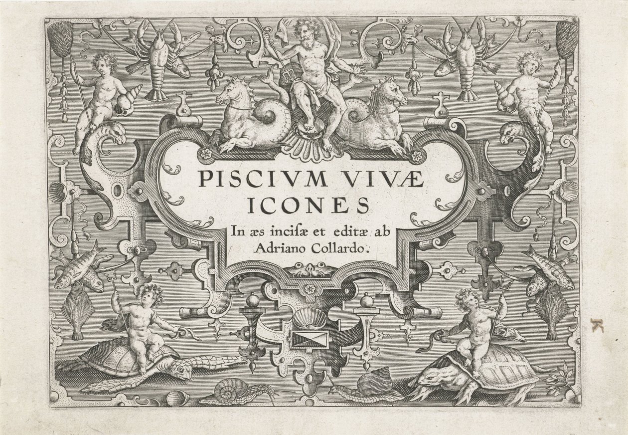 Titeltryk med havdyr som pynt Fiskeri (serietitel) Piscium vivae-ikoner (serietitel) af Adriaen Collaert