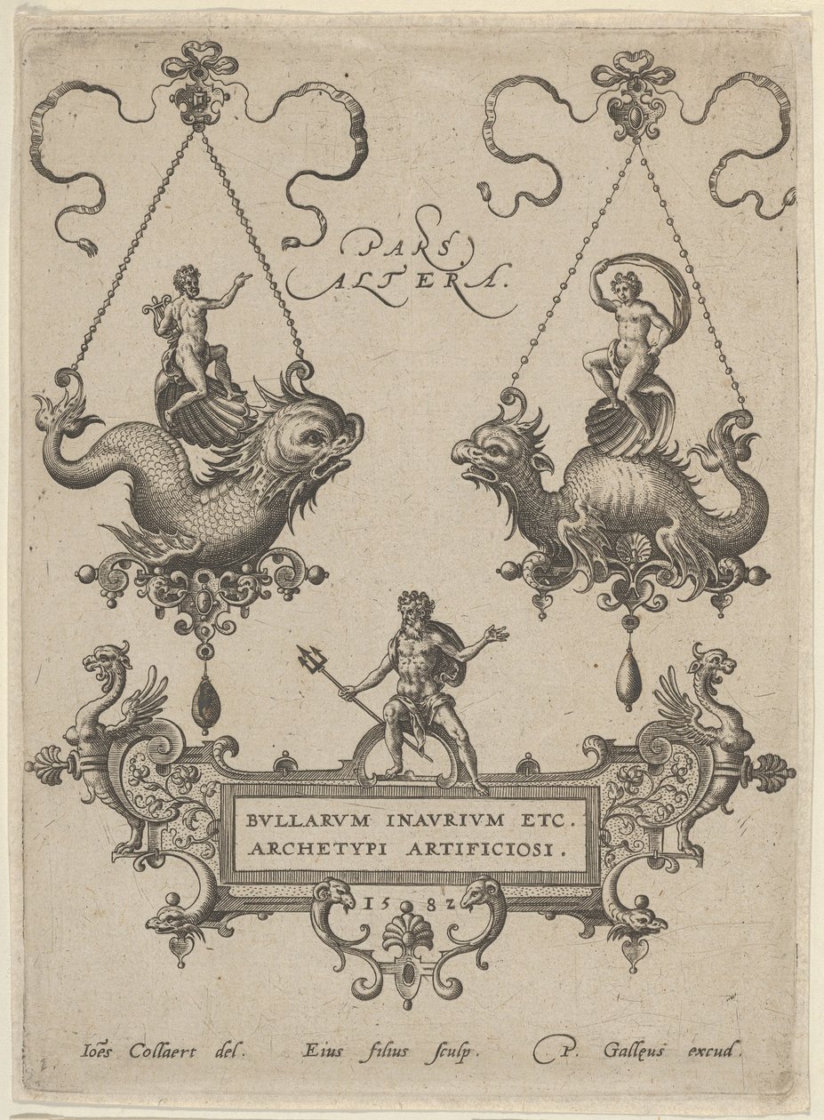 Titelplade med to vedhængsdesigner over og Neptun stående på en kartouche nedenfor, 1582. af Adriaen Collaert