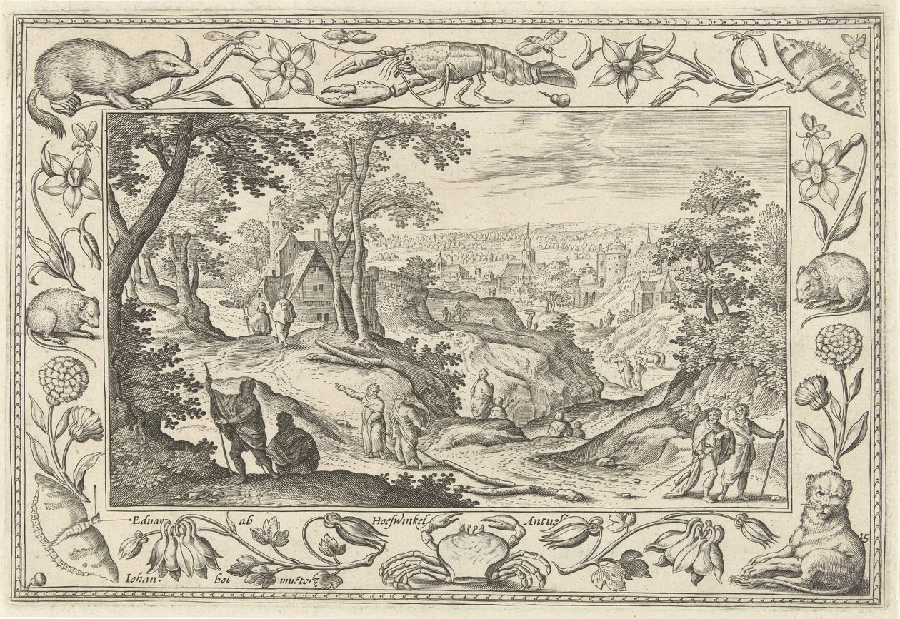 Udsendelse af apostlene Landskaber med bibelske, mytologiske scener og jagtscener (serietitel) af Adriaen Collaert