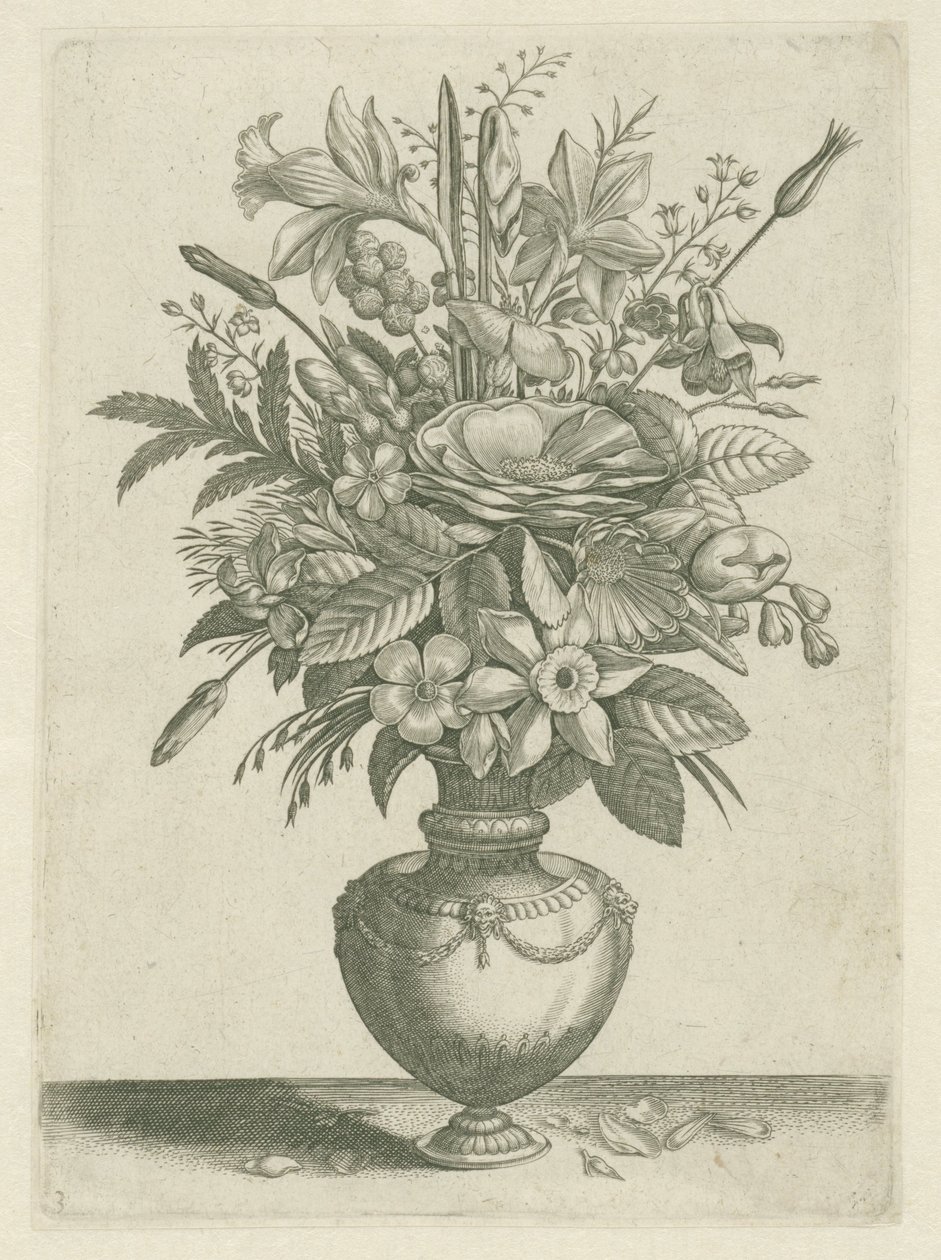 Vase med blomster, herunder trompetpåskeliljer Florilegium (serietitel) af Adriaen Collaert