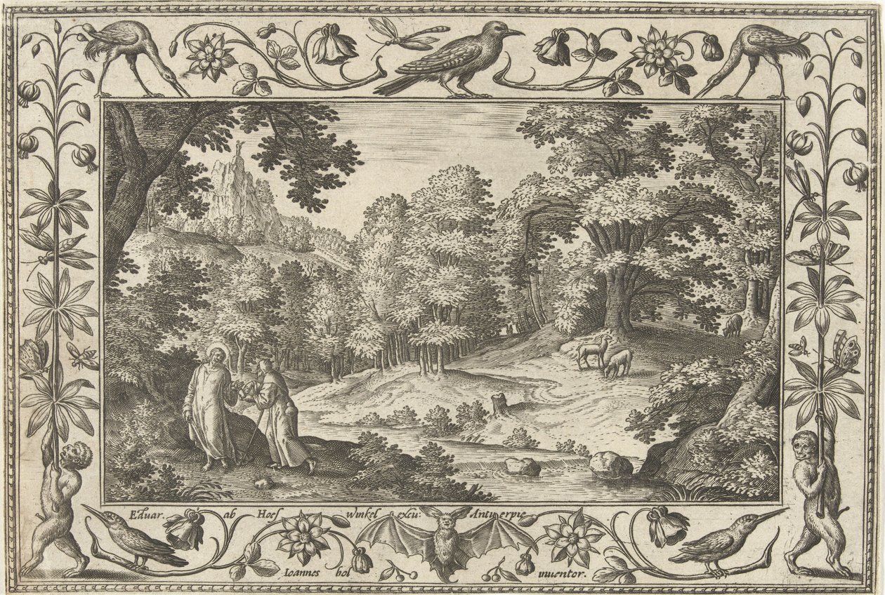 Fristelse i ørkenen Landskaber med bibelske, mytologiske scener og jagtscener (serietitel) af Adriaen Collaert