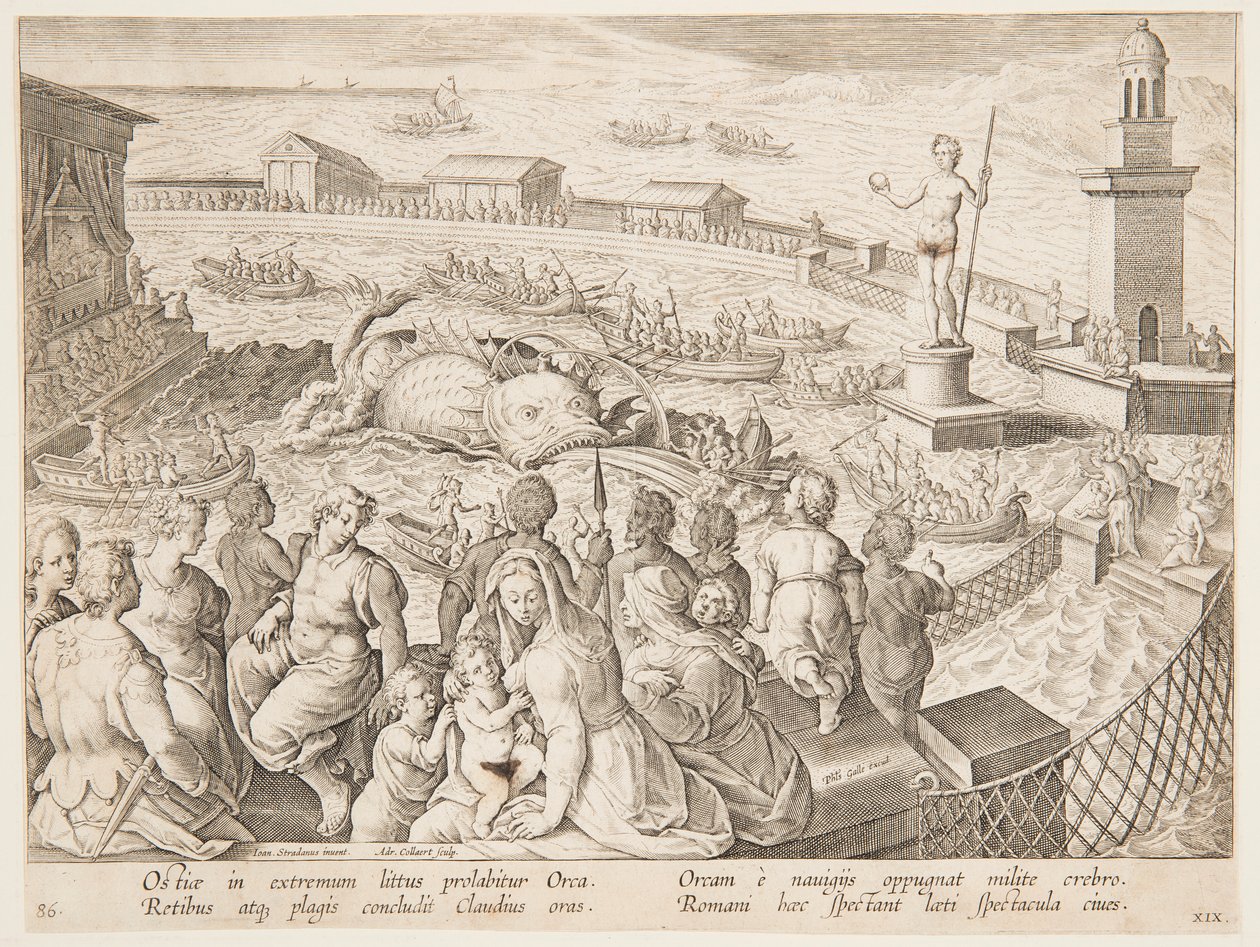 Hvaljagt af kejser Claudius i havnen i Ostia, pl. 19 i serien Game, Fowl, Fish af Adriaen Collaert