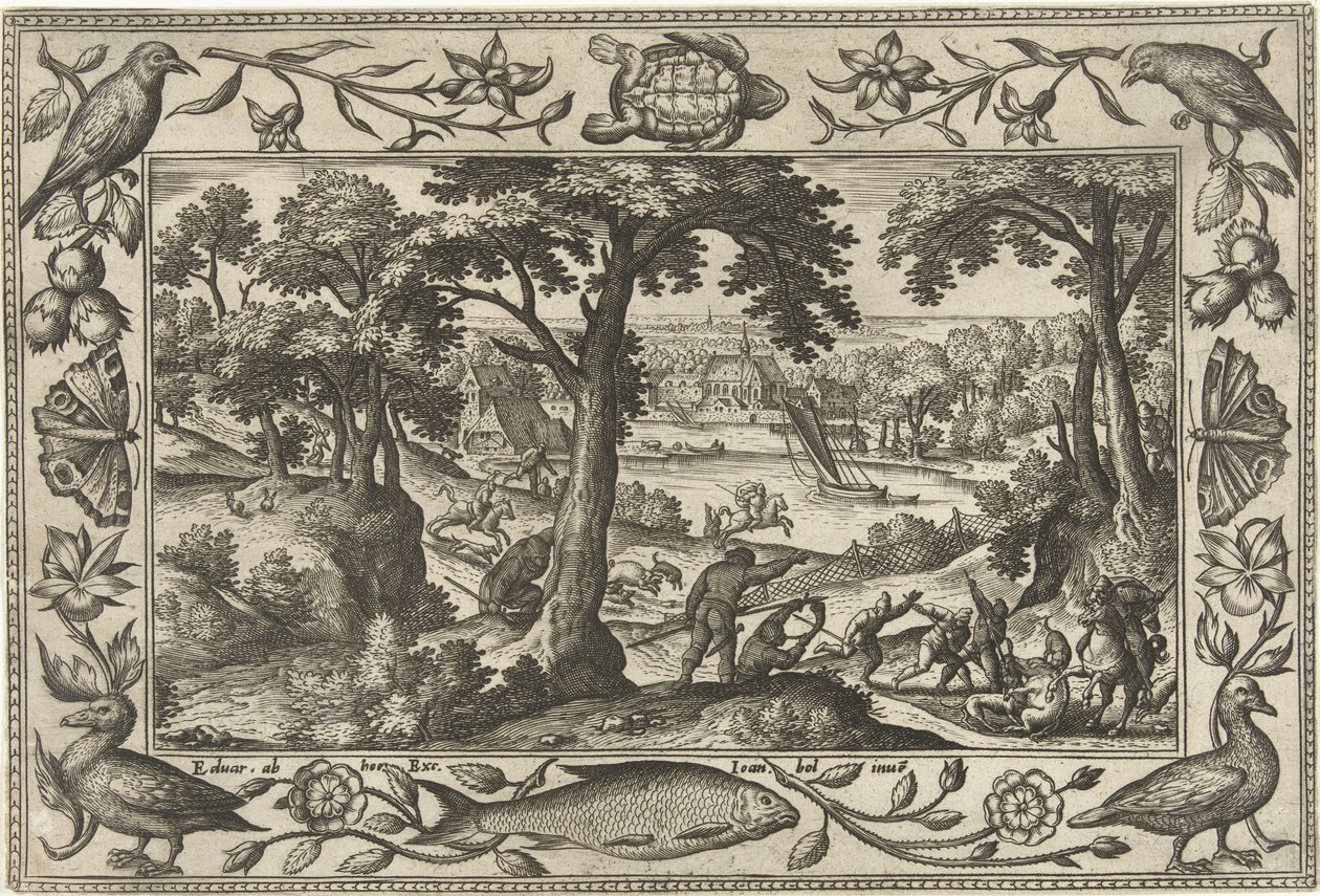 ornejagt Landskaber med bibelske, mytologiske scener og jagtscener (serietitel) af Adriaen Collaert