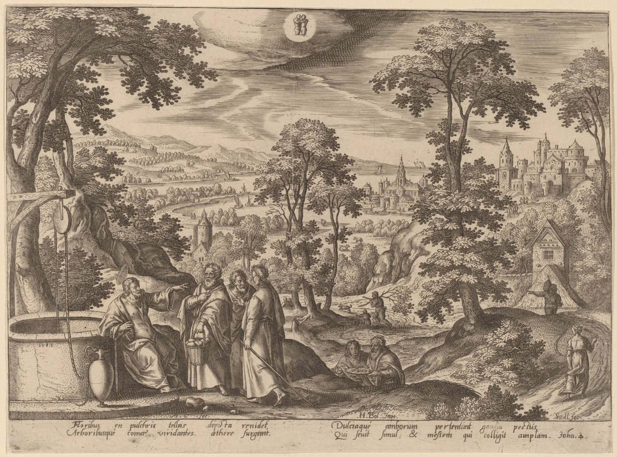 Kristus og Samarias kvinde af Adriaen Collaert after Hans Bol