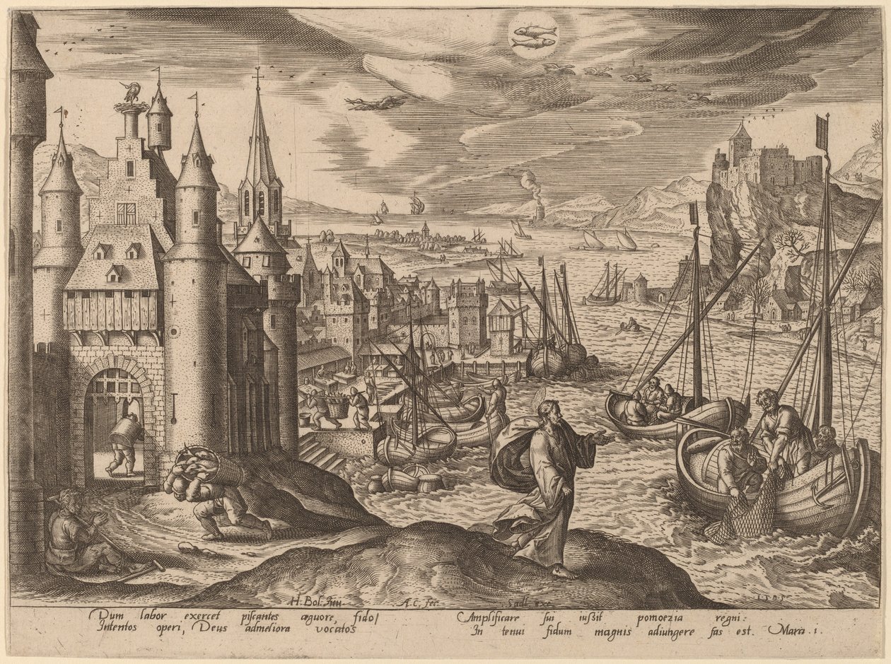 Jesus kalder apostlene blandt fiskerne af Adriaen Collaert after Hans Bol