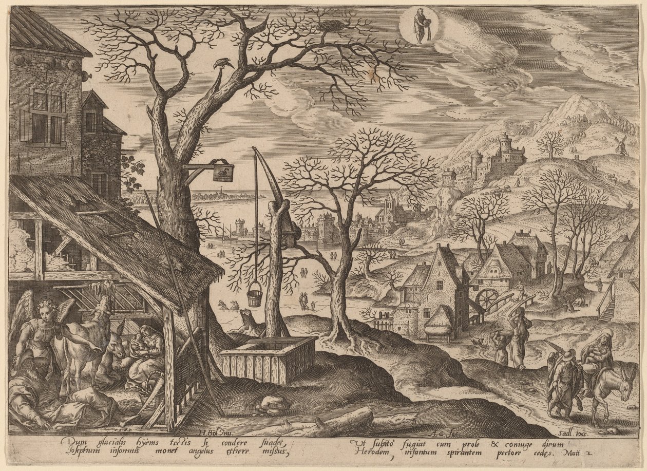 Englen fortæller Joseph at flygte og flugten til Egypten af Adriaen Collaert after Hans Bol