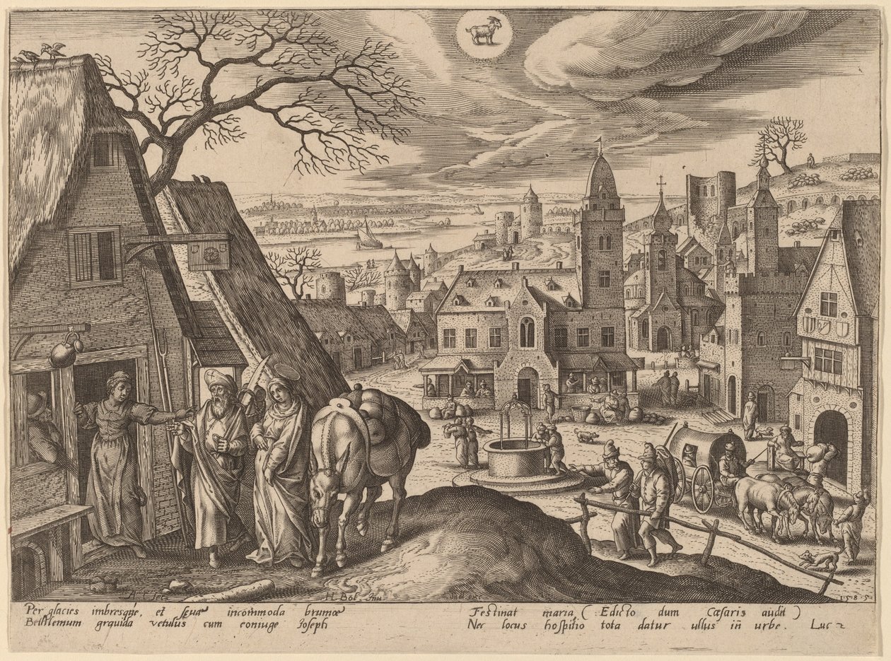 Jomfruen og Josef på kroen af Adriaen Collaert after Hans Bol