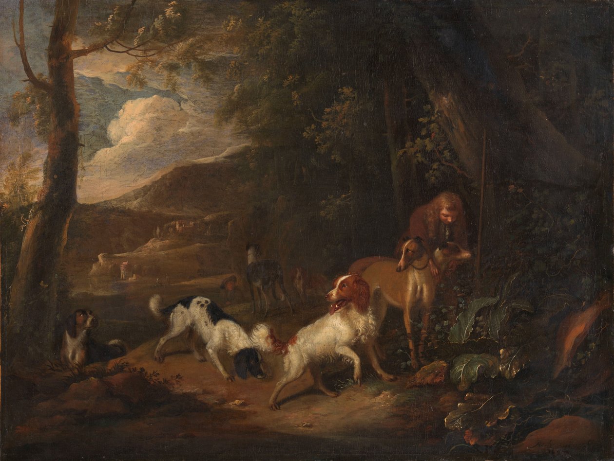Jæger med hunde i udkanten af en skov af Adriaen Cornelisz Beeldemaker