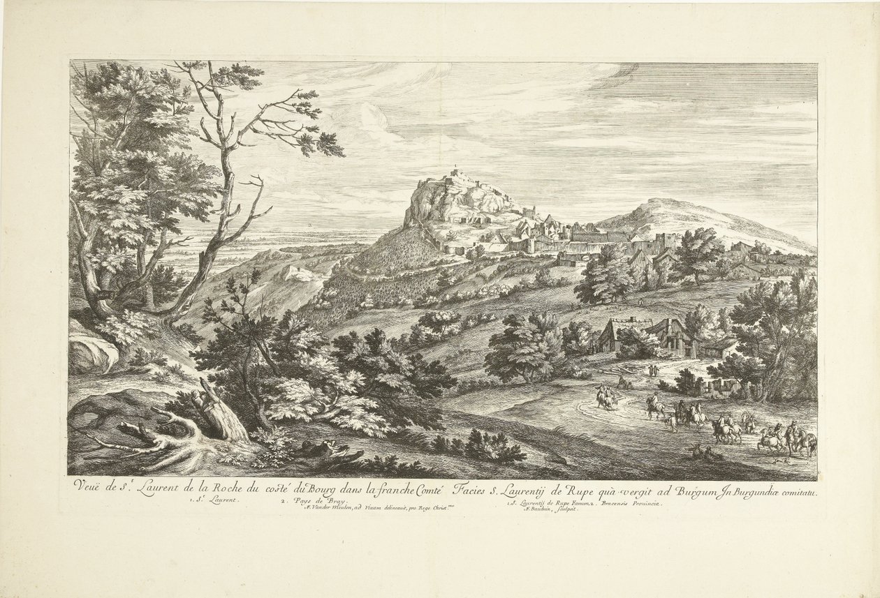 Udsigt over Saint Laurent de la Roche Udsigt over St. Laurent de la Roche fra costé du Bourg i Franche Comté (titel på objektet) af Adriaen Frans Boudewyns